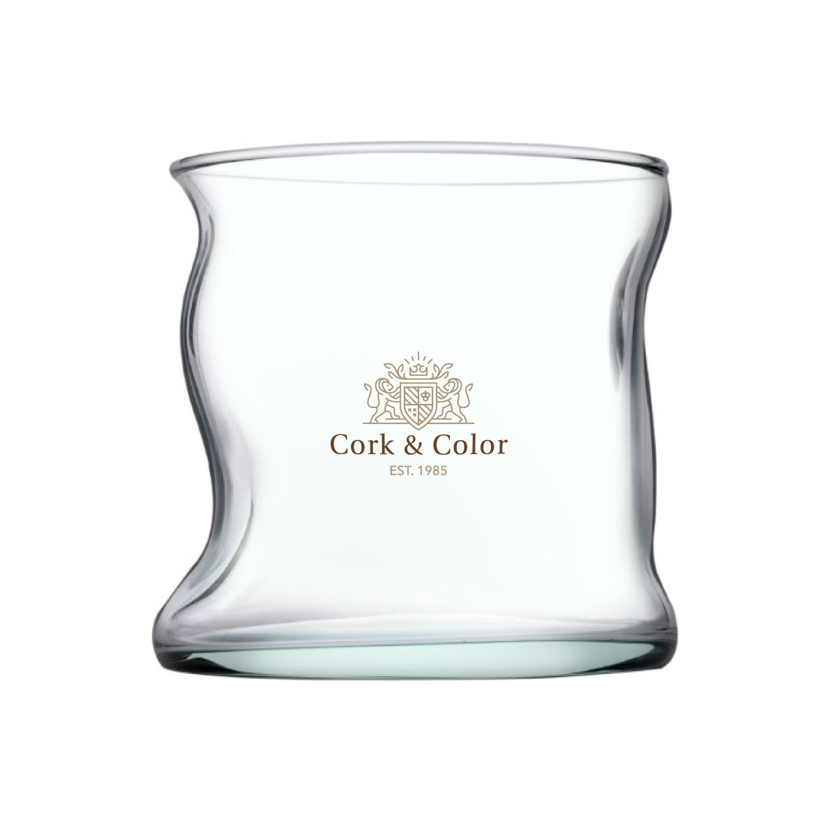 Vorderansicht Nami Matcha-Glas mit mehrfarbigem CorkColor-Logo, transparentes Matcha-Trinkglas mit Druck auf Glaswand.