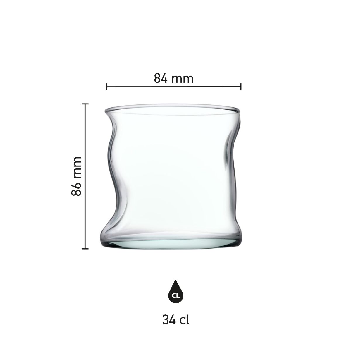 Infografik mit den Produktabmessungen des Nami Matcha Glases: Höhe und Durchmesser des Trinkglases