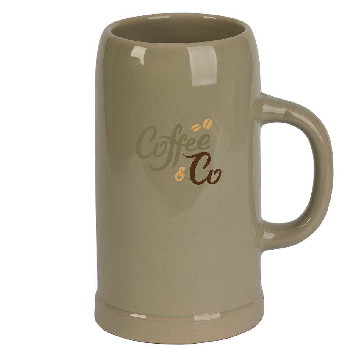 Steinkrug 1 Liter mit CoffeeCo-Logo in mehreren Farben auf der Vorderseite des Bierkruges.