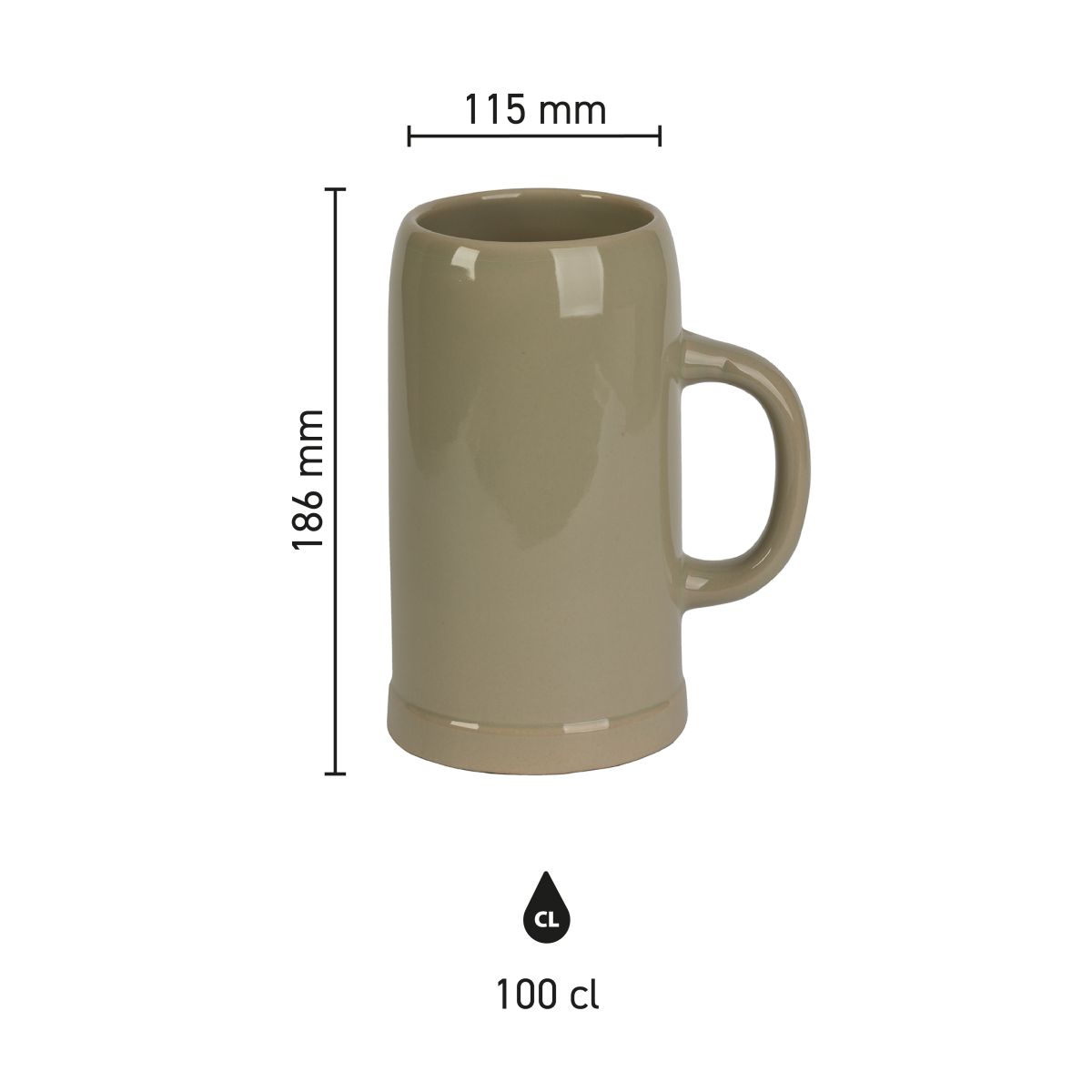 Infografik mit den Produktabmessungen des Steingut-Bierkrugs 1 Liter mit Angabe von Höhe und Durchmesser.