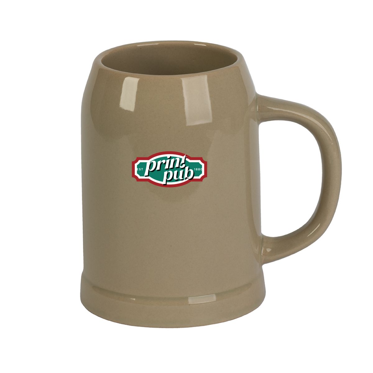 Steinkrug 50 cl. mit mehrfarbigem PrintPub-Logo auf der Vorderseite.