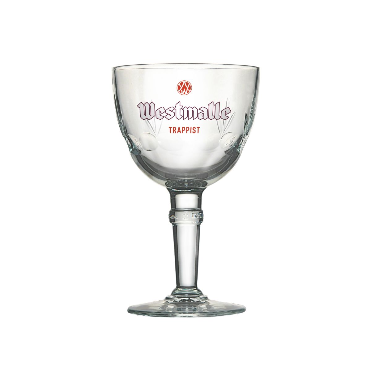 Transparentes Westmalle Bierglas 33 cl. mit Kelchform und breitem Fuß aus Klarglas.