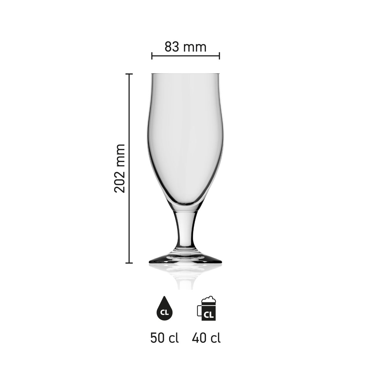 Maße des Bierglases „Avano“ (50 cl) mit Höhe, Durchmesser und Fassungsvermögen in einer Infografik