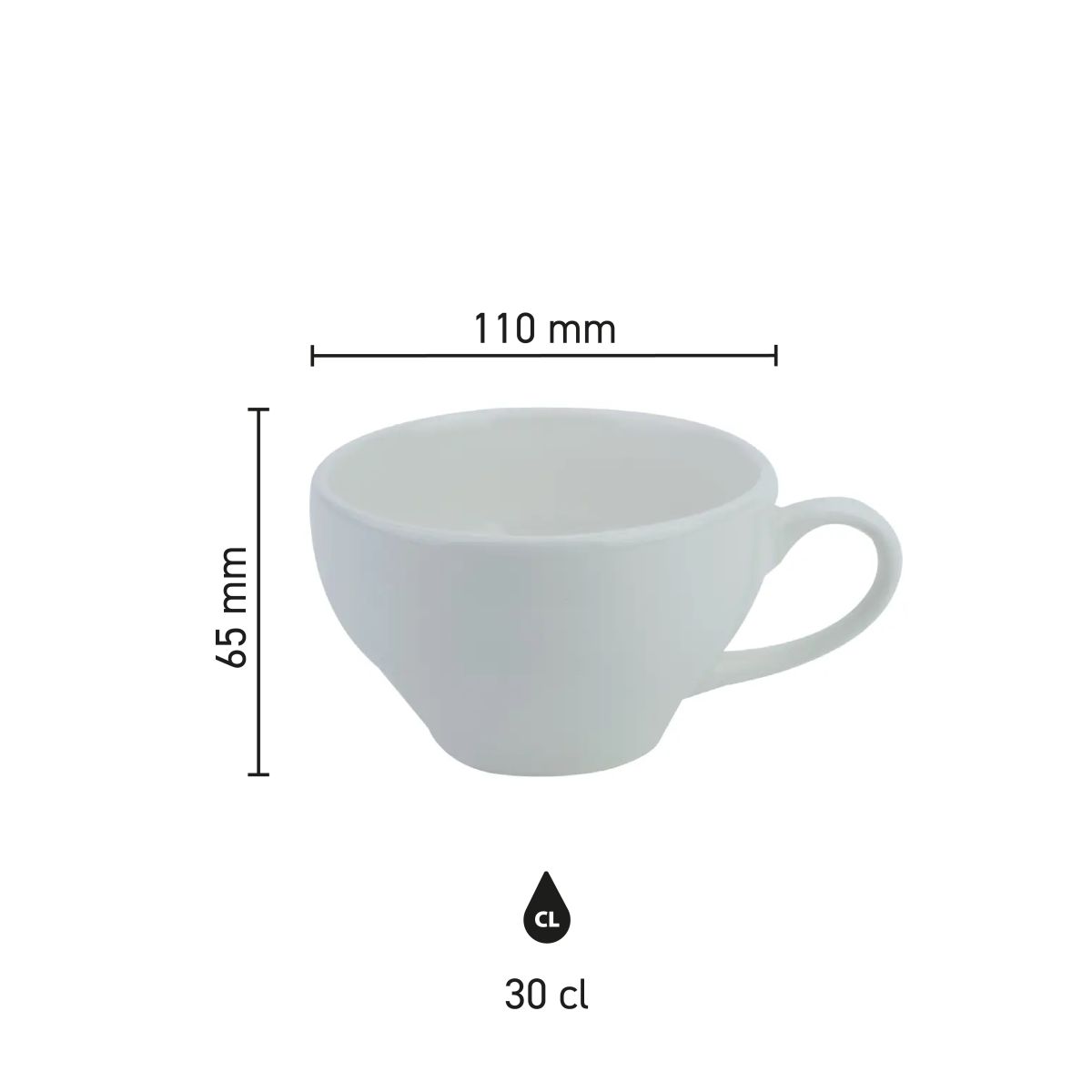Infografik mit Abmessungen der Barista Milchkaffeetasse 30 cl.