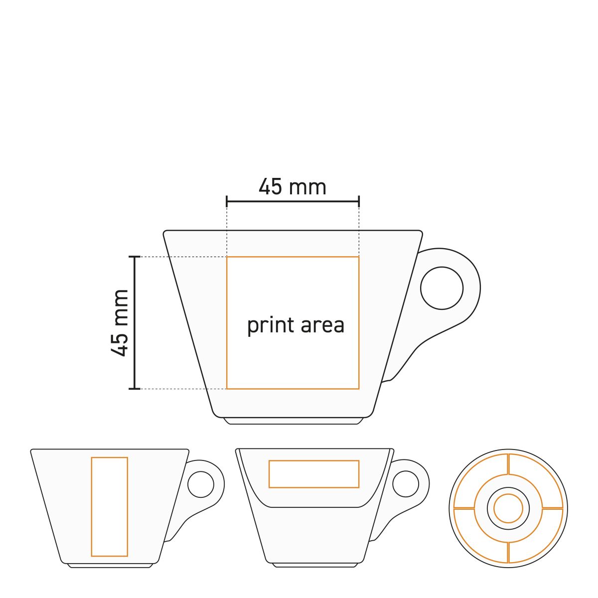 Technische Zeichnung des Druckbereichs am Baristo Cappuccino 21 cl Set, mit Logoposition auf Tasse und Untertasse