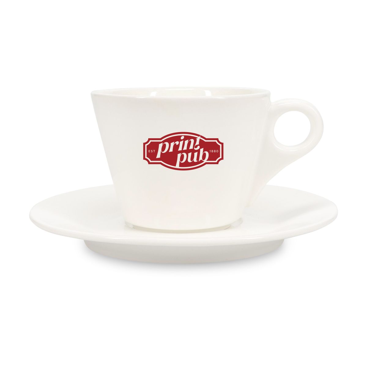 Baristo Cappuccino 21 cl. SET bedruckt mit einfarbigem PrintPub-Logo auf der Vorderseite der Porzellantasse.