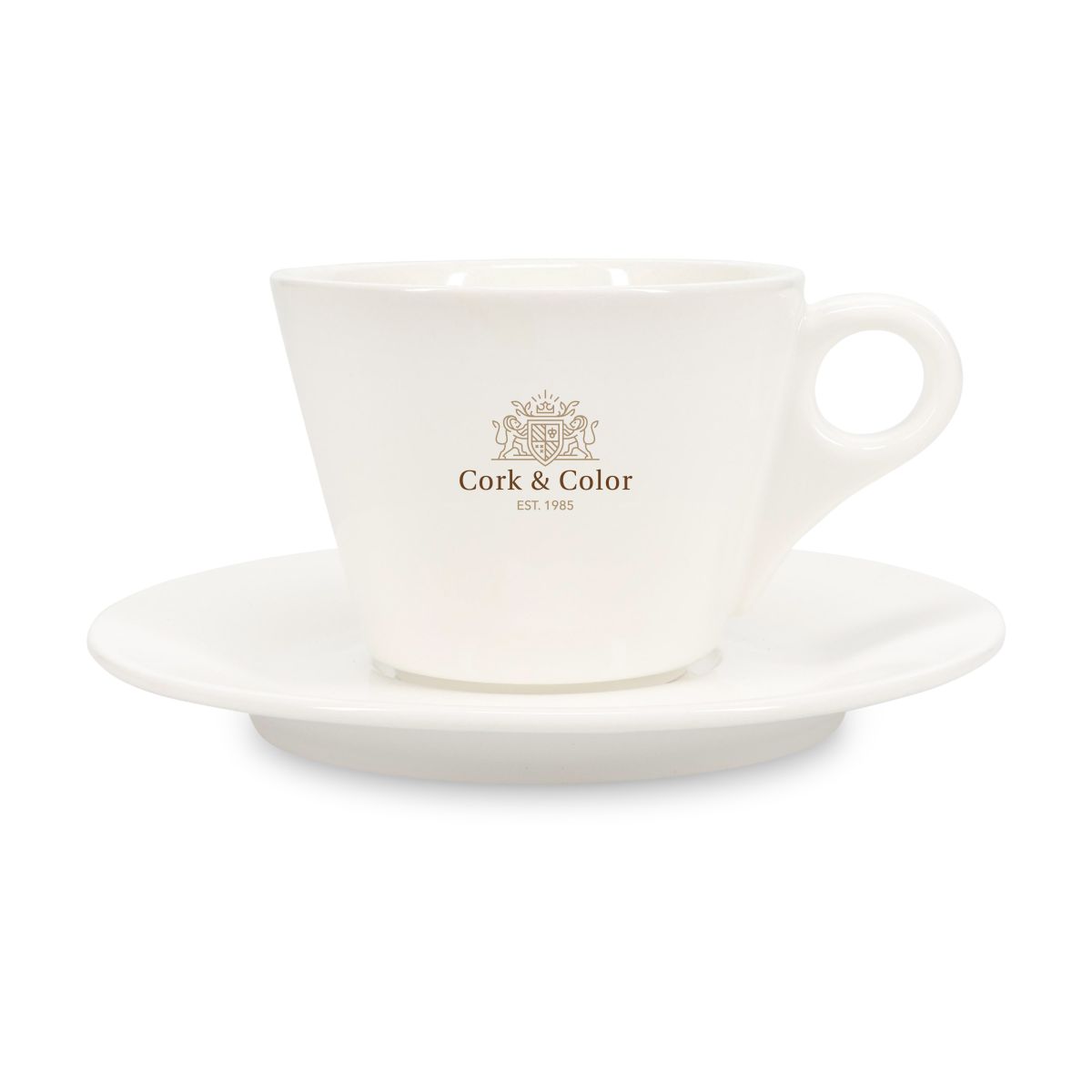 Porzellan SET Baristo Cappuccino 21 cl. mit mehrfarbigem CorkColor Logo auf der Vorderseite der Tasse.