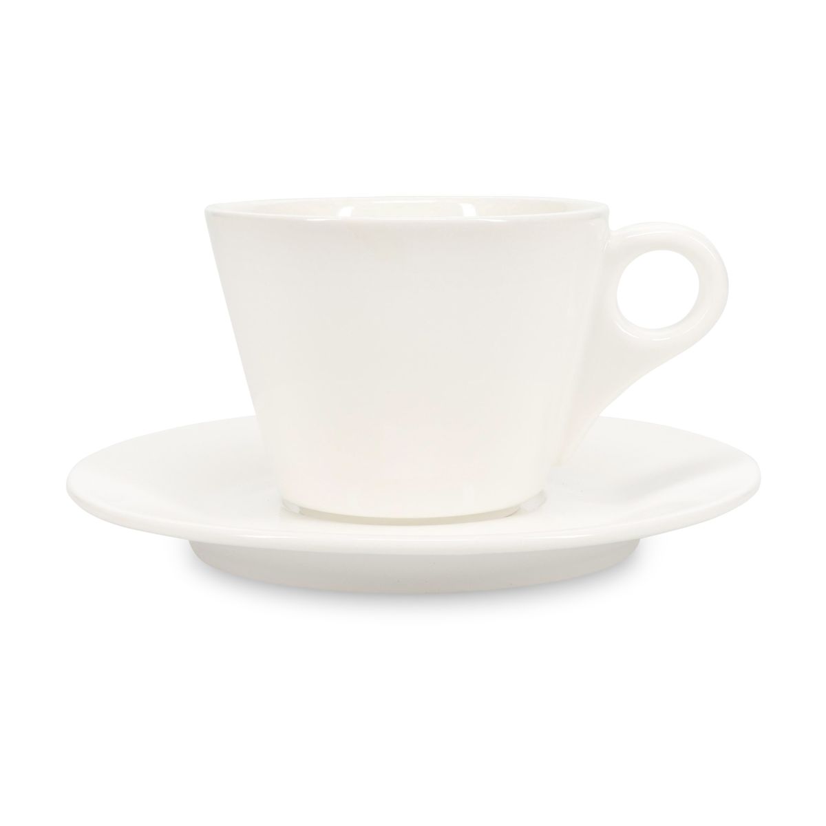 Vorderansicht von Baristo Cappuccino 21 cl. SET Porzellan mit weißer Tasse und passender Untertasse.