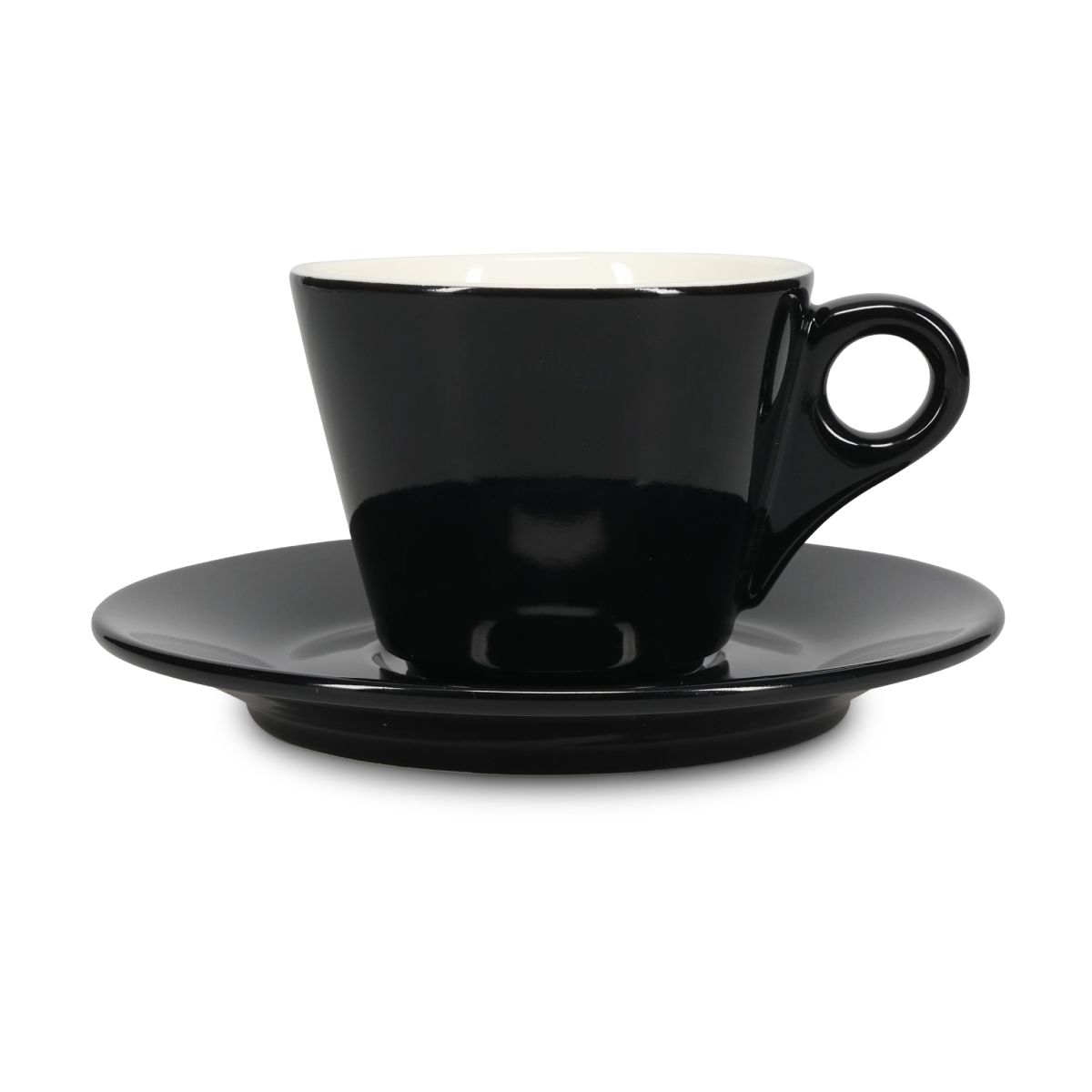Vorderansicht von Baristo Cappuccino 21 cl. SET Porzellan mit schwarzer und weißer Tasse und passender Untertasse.