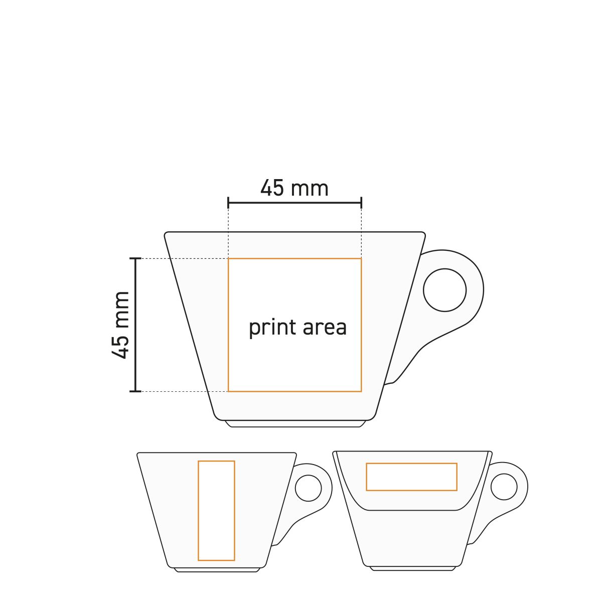 Werktekening van het drukgebied op de Baristo cappuccinokop 21 cl porselein, met logopositie