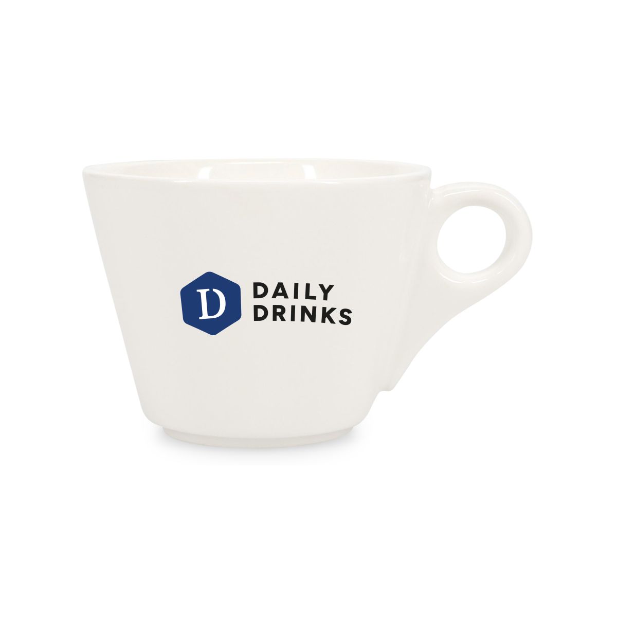 Cappuccinotasse aus Porzellan 21 cl. von Baristo mit mehrfarbigem DailyDrinks-Logo auf der Vorderseite.