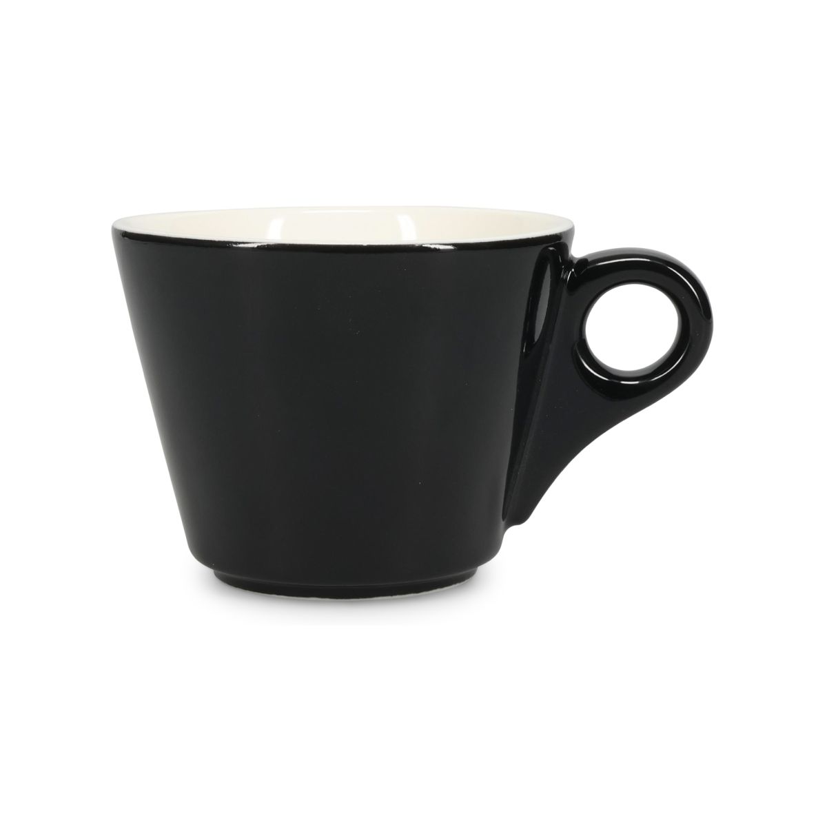 Vorderansicht der Baristo Cappuccinotasse 21 cl. aus schwarzem und weißem Porzellan mit breiter Öffnung und runder Form.