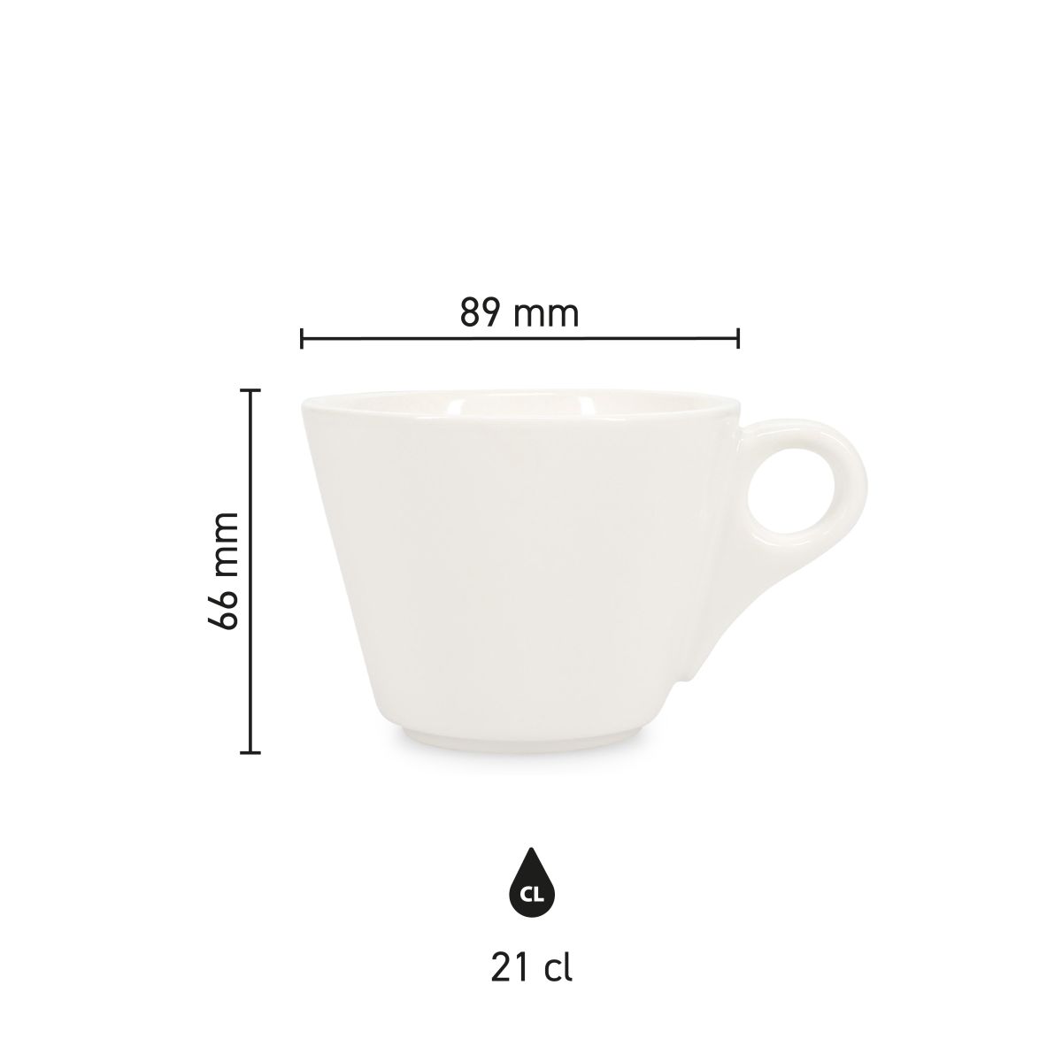 Infografik mit Produktabmessungen der Baristo Cappuccinotasse 21 cl aus Porzellan: Höhe und Durchmesser