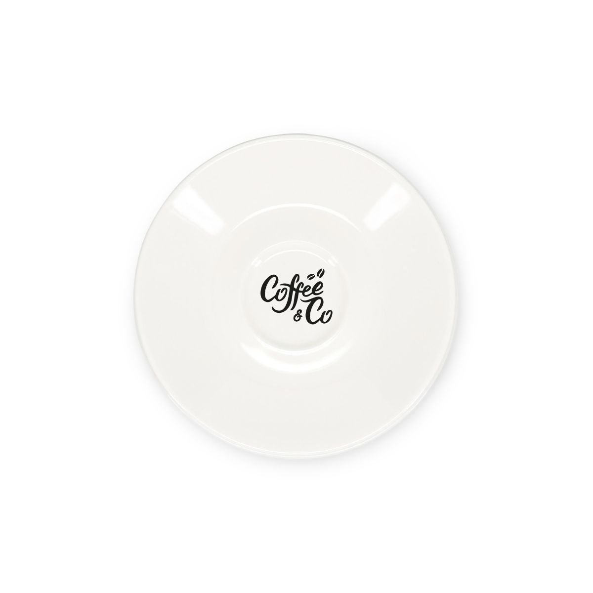 Espressountertasse aus Porzellan, 12,5 cm, mit einfarbigem CoffeeCo-Logo in der Mitte.