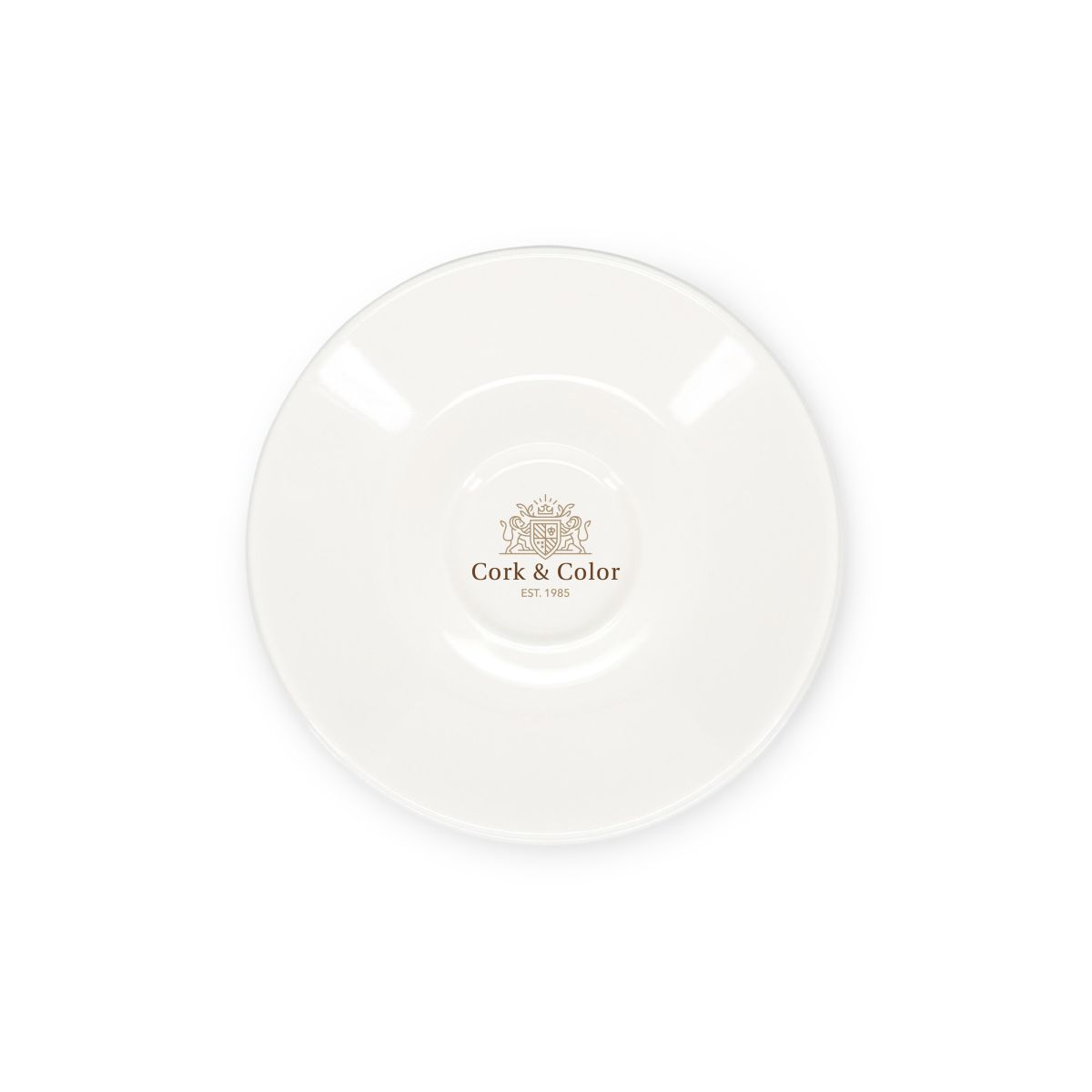 Baristo Espressoteller 12,5 cm aus Porzellan mit mehrfarbigem CorkColor-Logo in der Mitte.