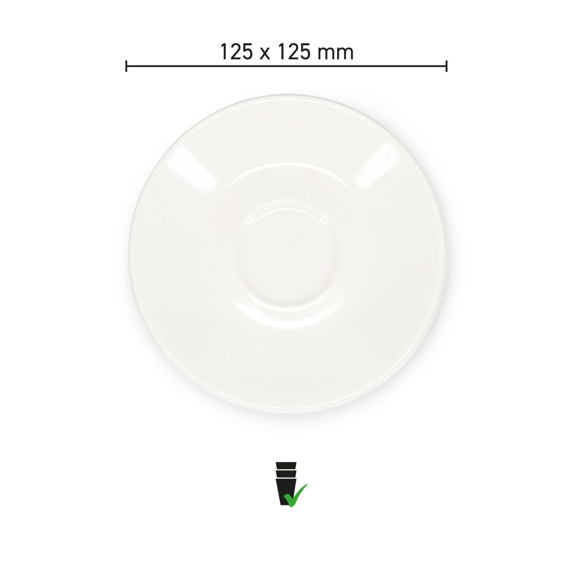 Die Infografik zeigt den Durchmesser und die Form von Baristo Espresso Dish 12,5 cm Porzellan.
