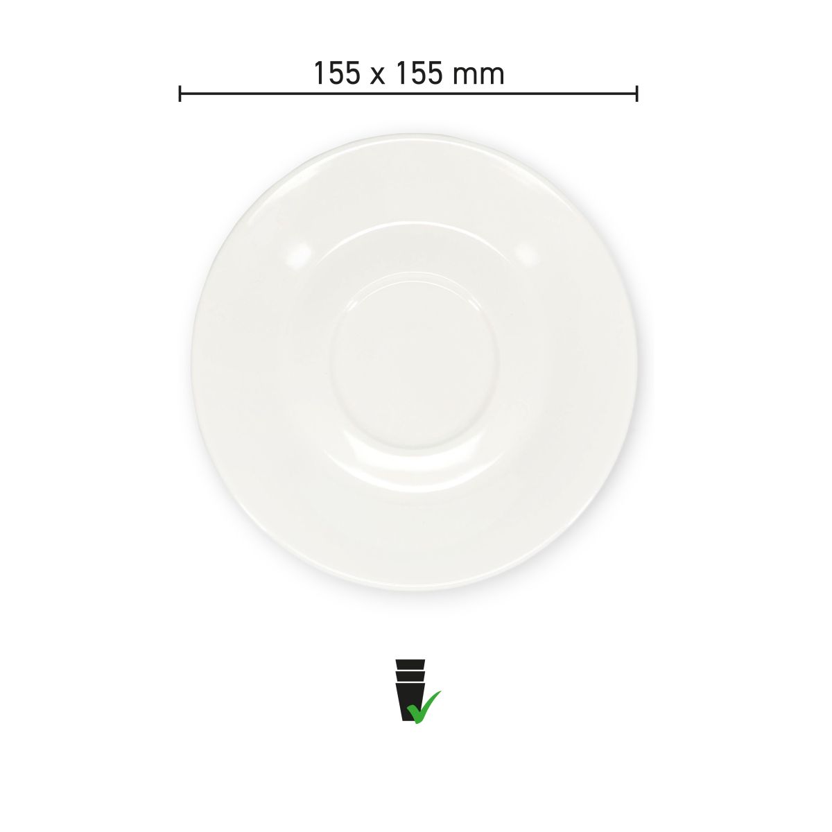 Infografik mit den genauen Abmessungen der Porzellanuntertasse Baristo Cappuccino 15,5 cm.