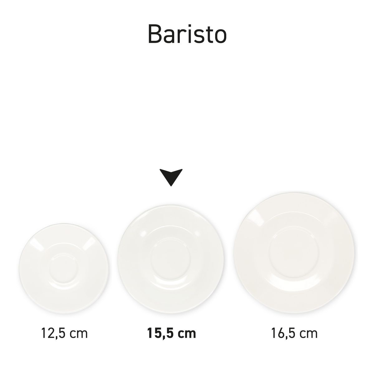 Serie von Baristo-Untertassen aus Porzellan, präsentiert als komplette Serie.