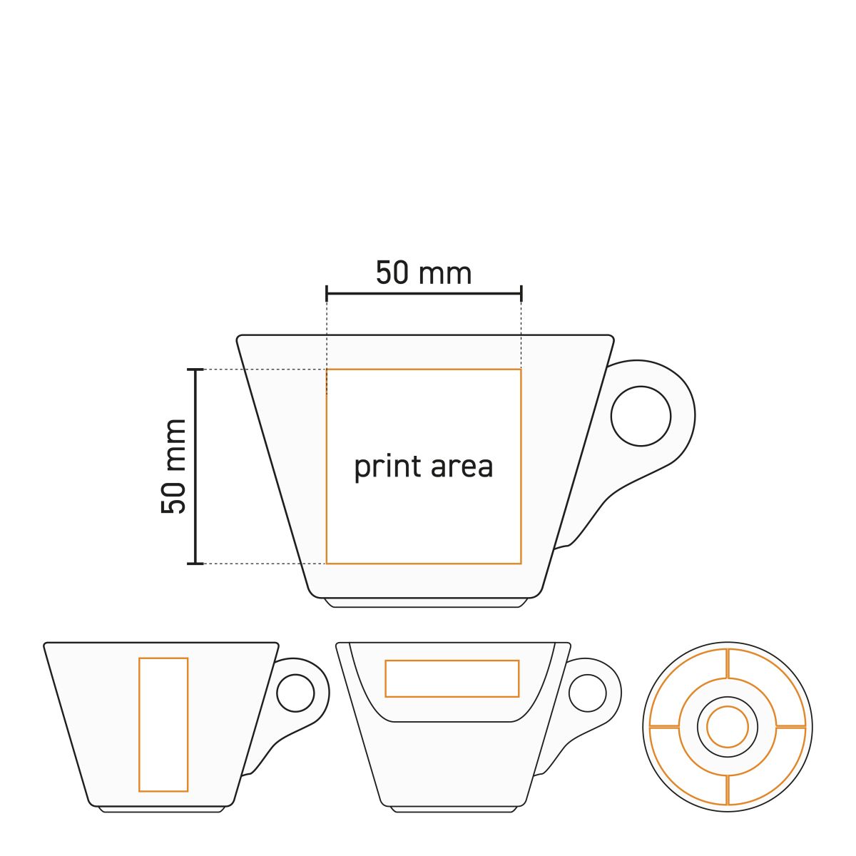 Technische Arbeitszeichnung mit Druckfläche für den Aufdruck auf dem Porzellanset Baristo Latte 28 cl.