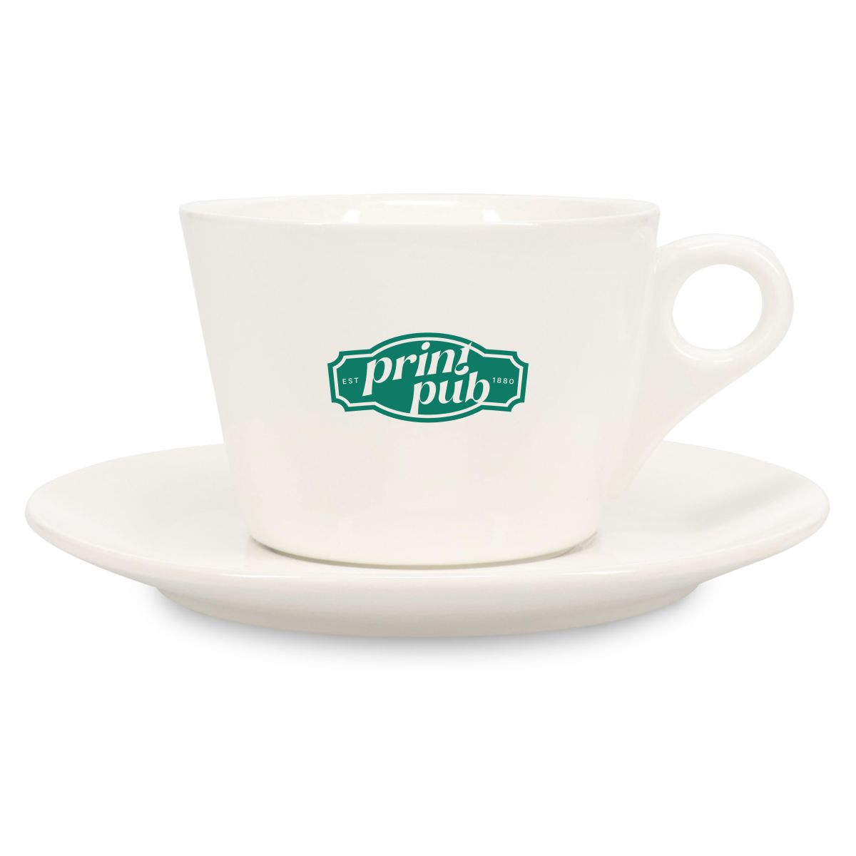 Baristo Latte Porzellanset mit Tasse von 28 cl. mit einem einfarbigen PrintPub-Logo.