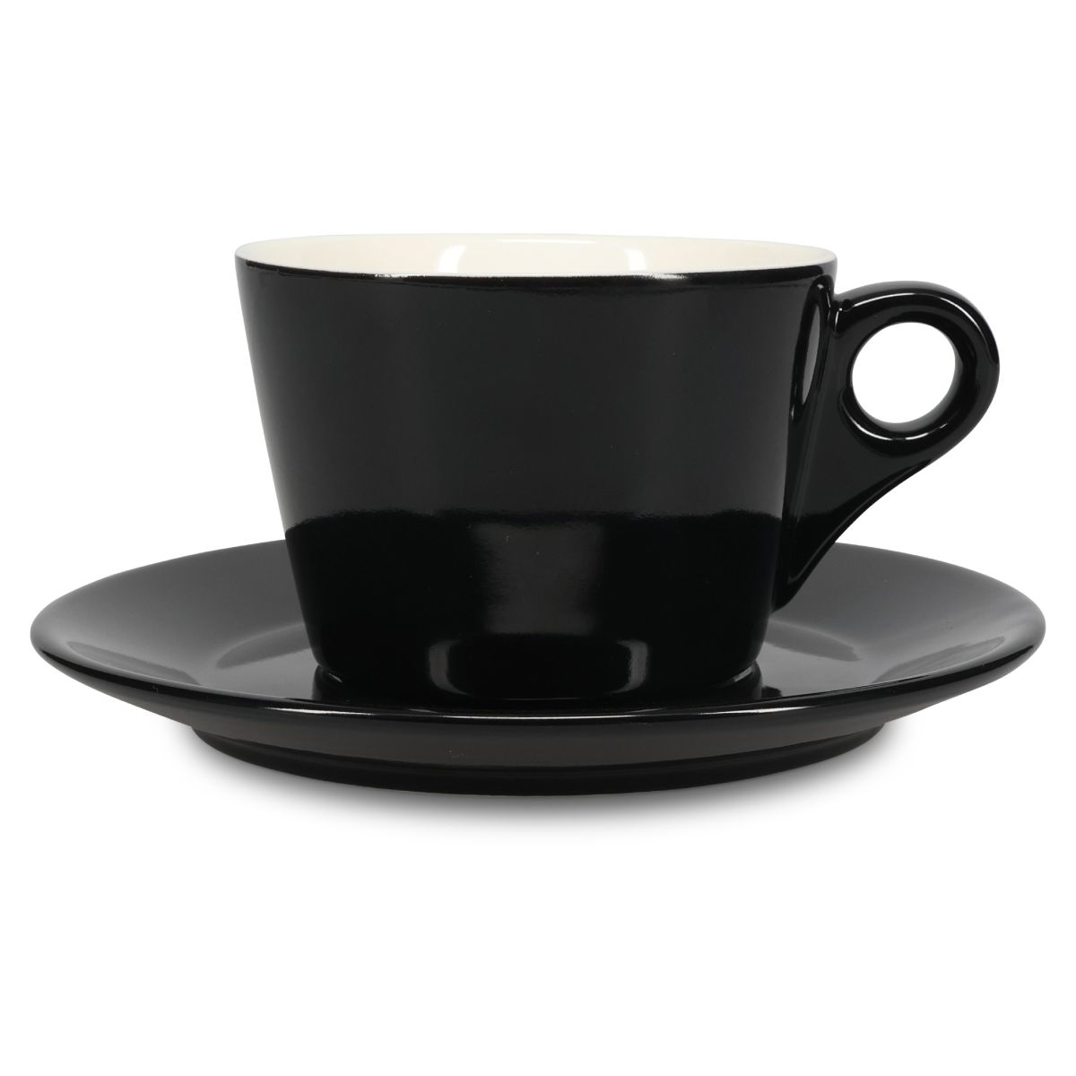 Frontalansicht von Baristo Latte 28 cl Set mit Porzellantassen in symmetrischer Anordnung., Farbe schwarz-weiß
