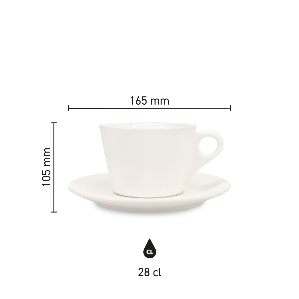 Diagramm mit den Maßen und Proportionen des Porzellansets Baristo Latte 28 cl.