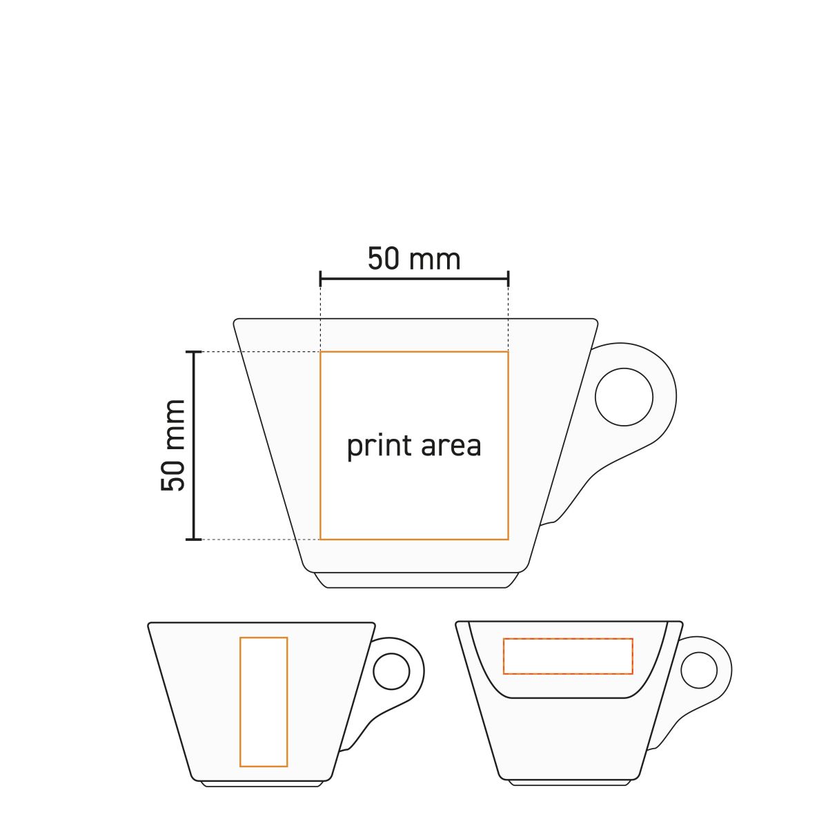 Technische Arbeitszeichnung der Baristo Latte Cup 28 cl mit Angabe der Druckfläche auf Porzellan.
