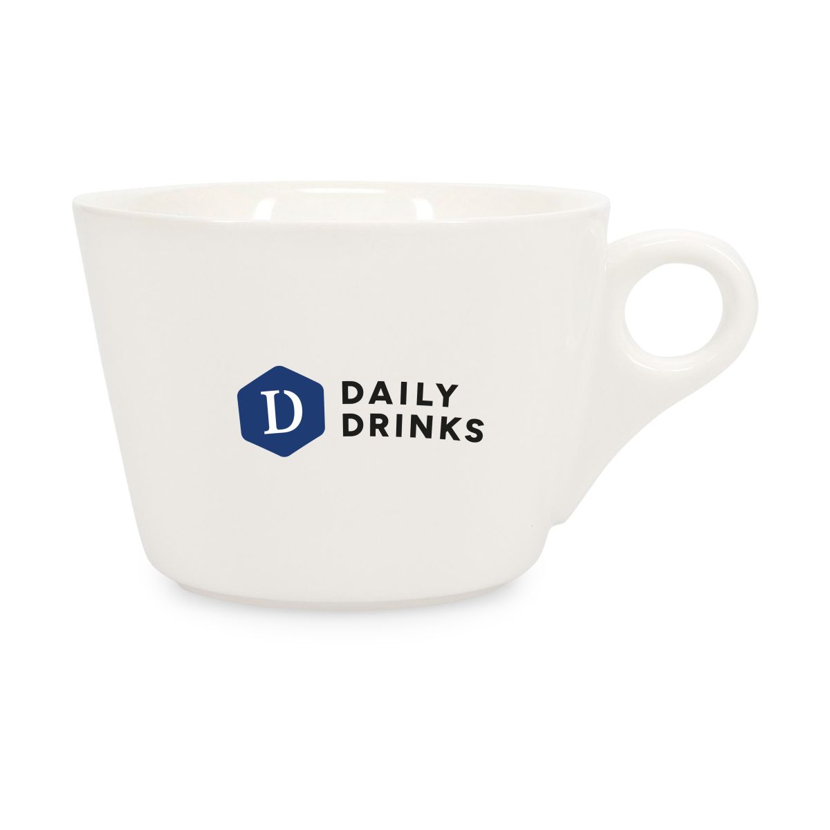 Weiße Baristo Latte Cup 28 cl aus Porzellan mit einfarbigem DailyDrinks-Logo auf der Vorderseite.