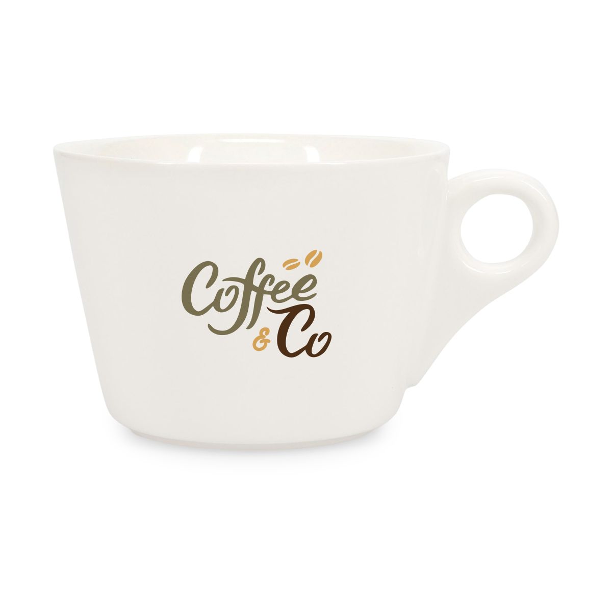 Baristo Latte Cup 28 cl aus Porzellan mit mehrfarbigem CoffeeCo-Logo auf der Vorderseite.