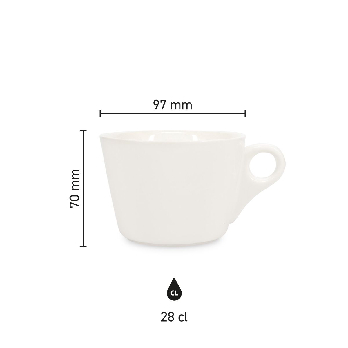 Infografik zu Höhe, Durchmesser und Fassungsvermögen der Porzellantasse Baristo Latte Cup 28 cl.