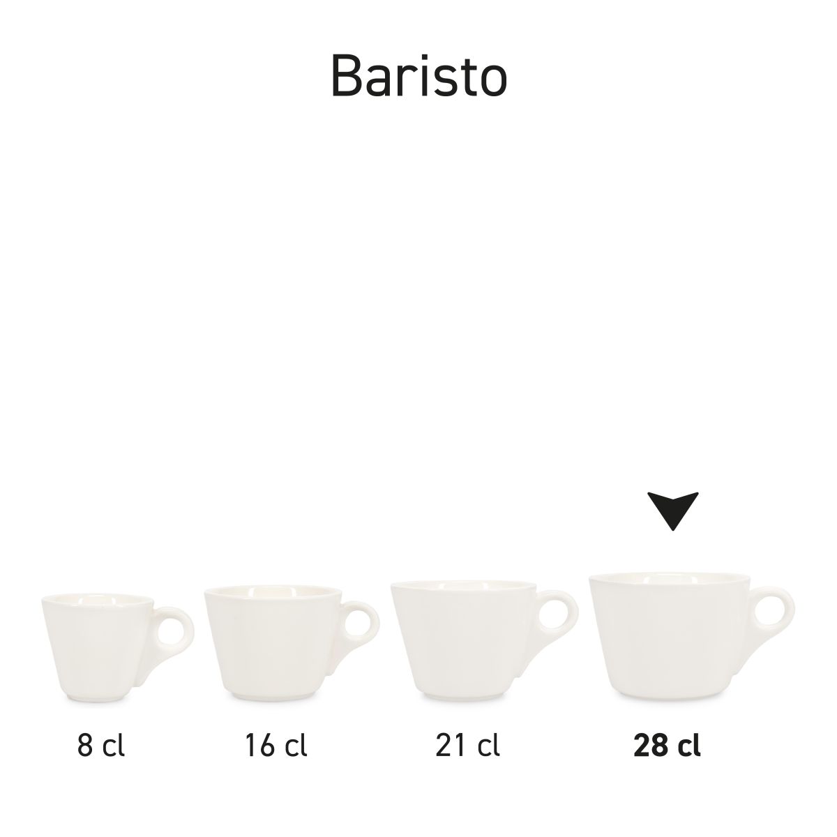 Serie von Baristo-Tassen aus Porzellan, die nebeneinander als Sammlung gezeigt werden.