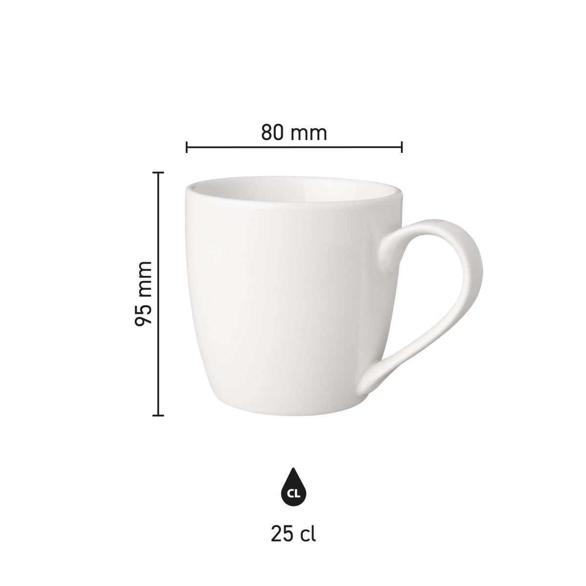 Infografik mit Abmessungen der weißen Porzellantasse Budgetline Neo 25 cl.