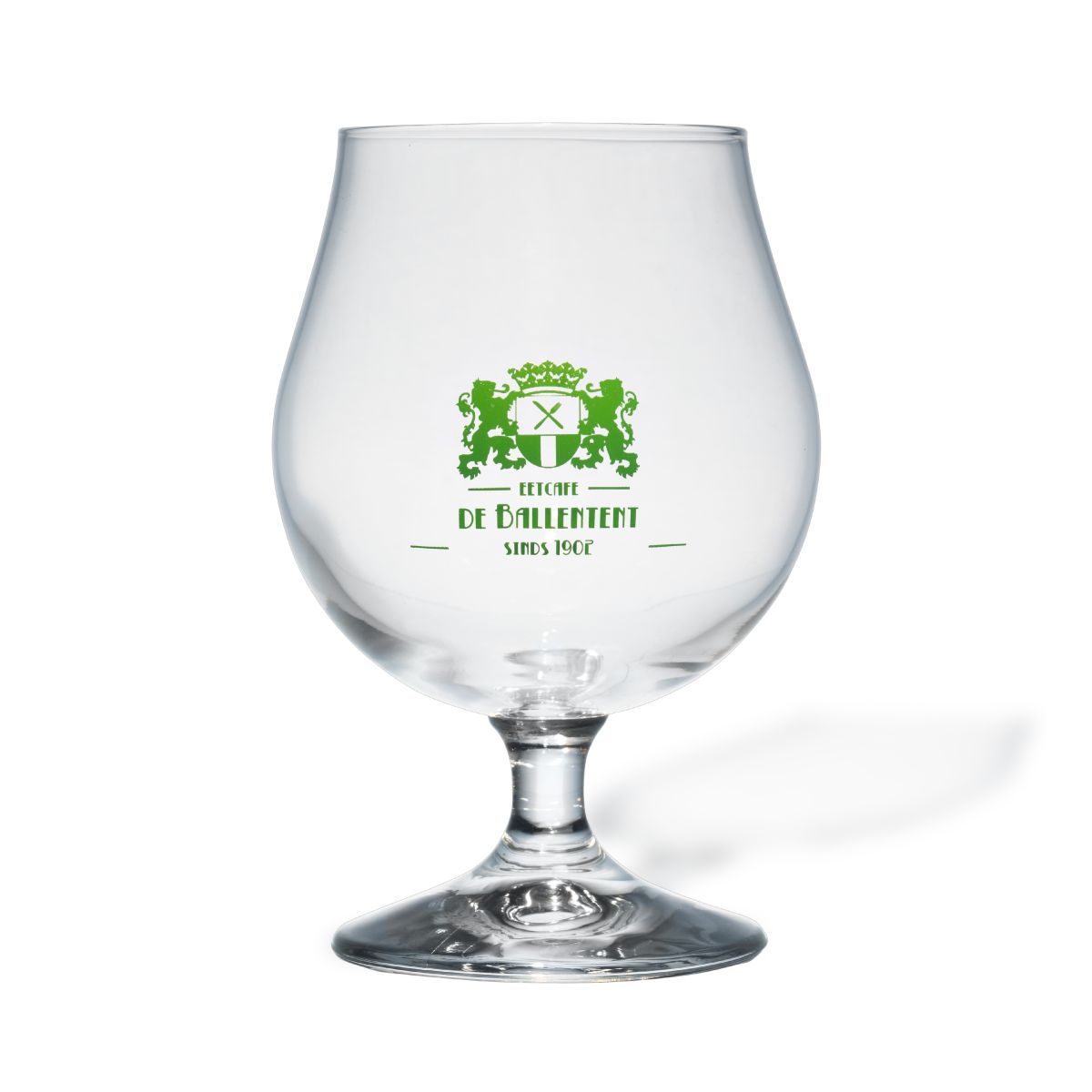 Bierglas Breughel 38 cl in Klarglas mit einfarbigem Logo von Eetcafé De Ballentent auf der Vorderseite