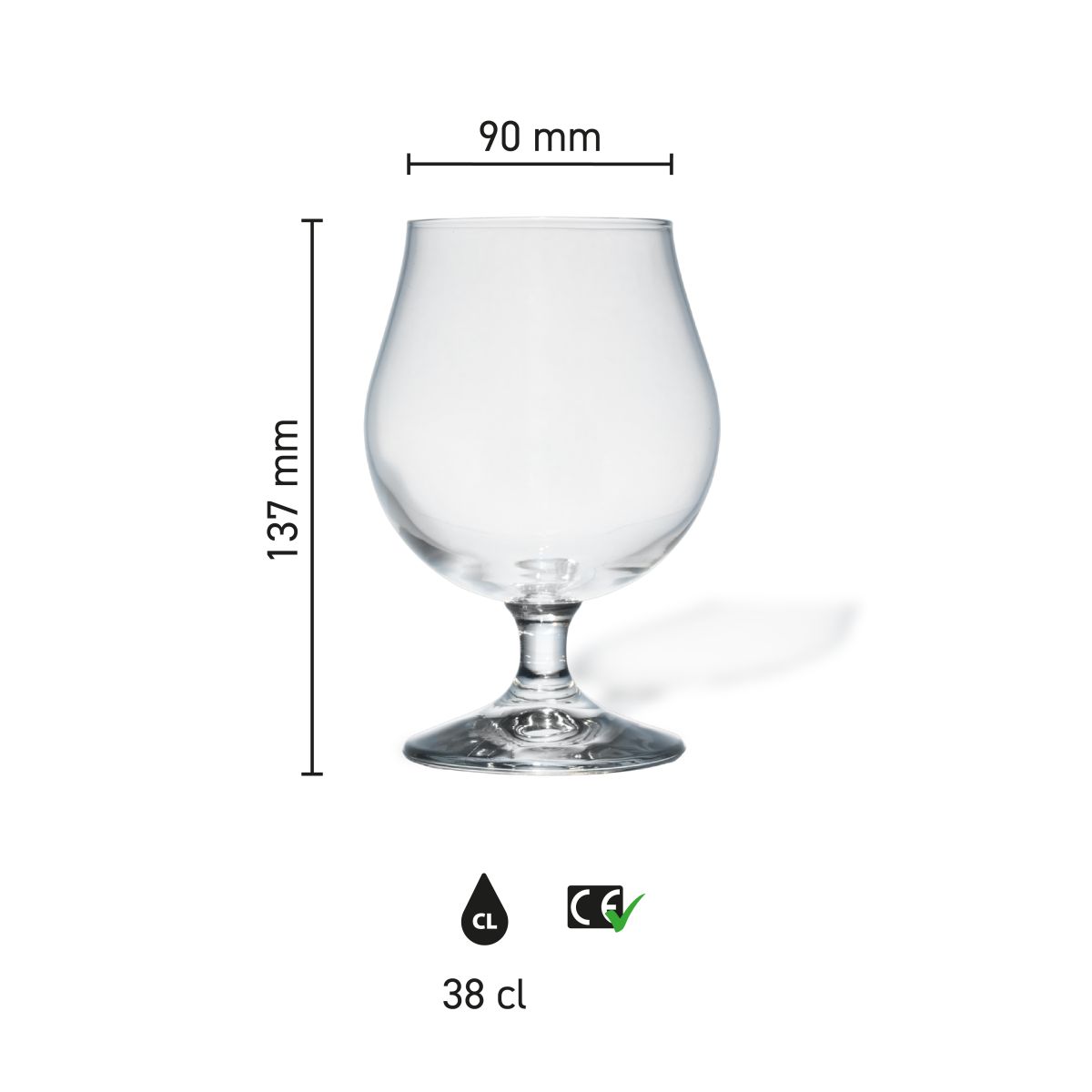 Infografik mit den Maßen des Breughel Bierglases 38 cl, mit Angabe der Höhe und des Durchmessers in Millimetern.