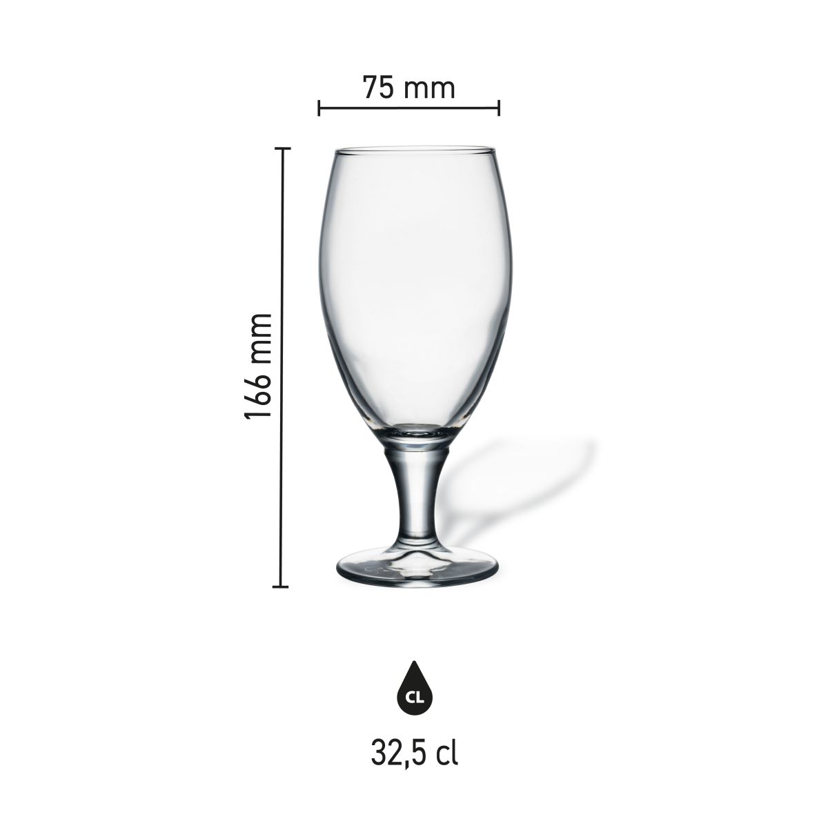 Maße des Bierglas Cheers 32,5 cl: Höhe, Durchmesser und Fassungsvermögen in einer Infografik