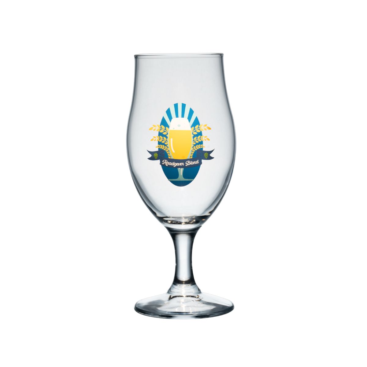 Bierglas Executive 26 cl. mit mehrfarbigem „Raadgever Blond“-Logo auf der Vorderseite