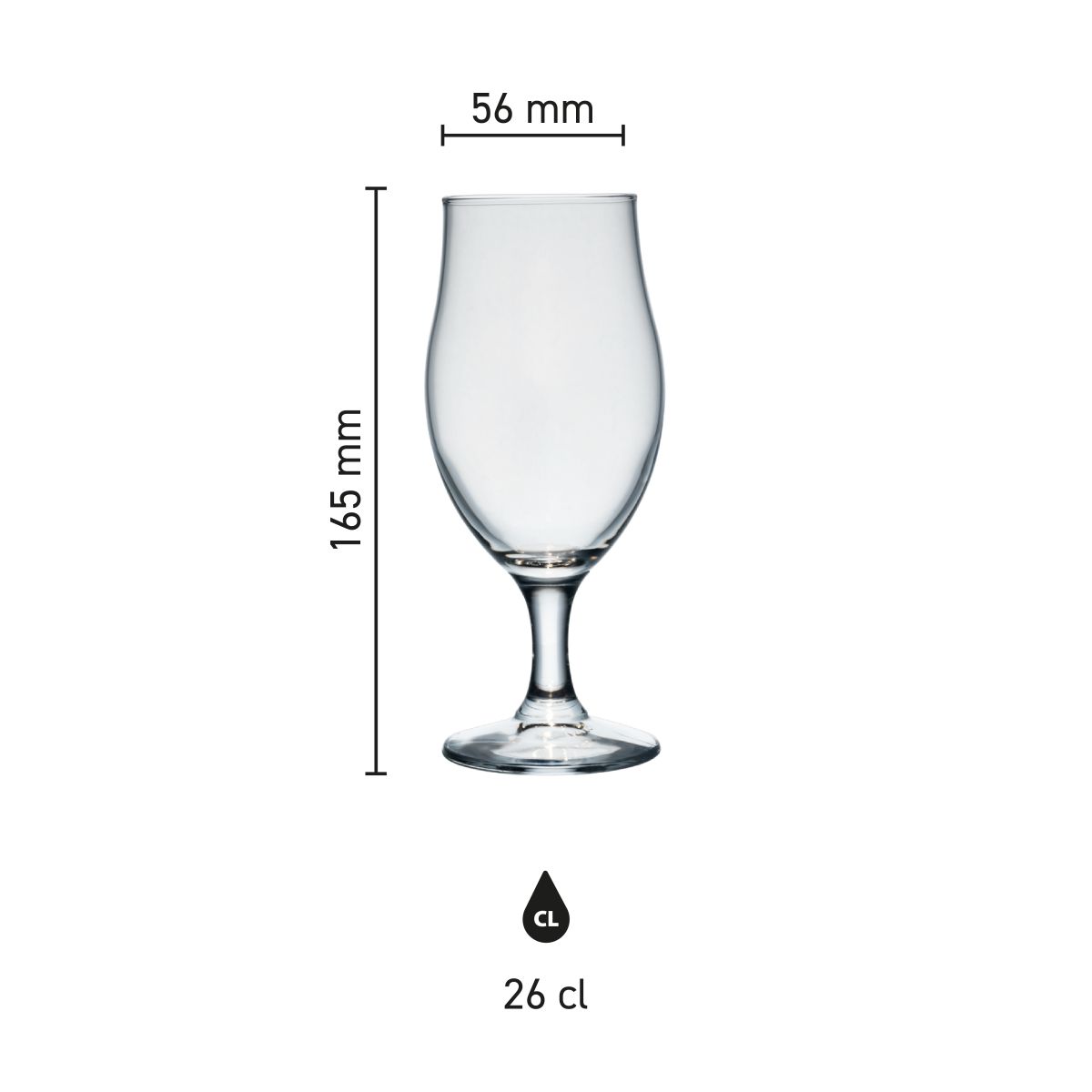 Maße Bierglas Executive 26 cl. mit Höhe, Durchmesser und Fassungsvermögen in einer Infografik