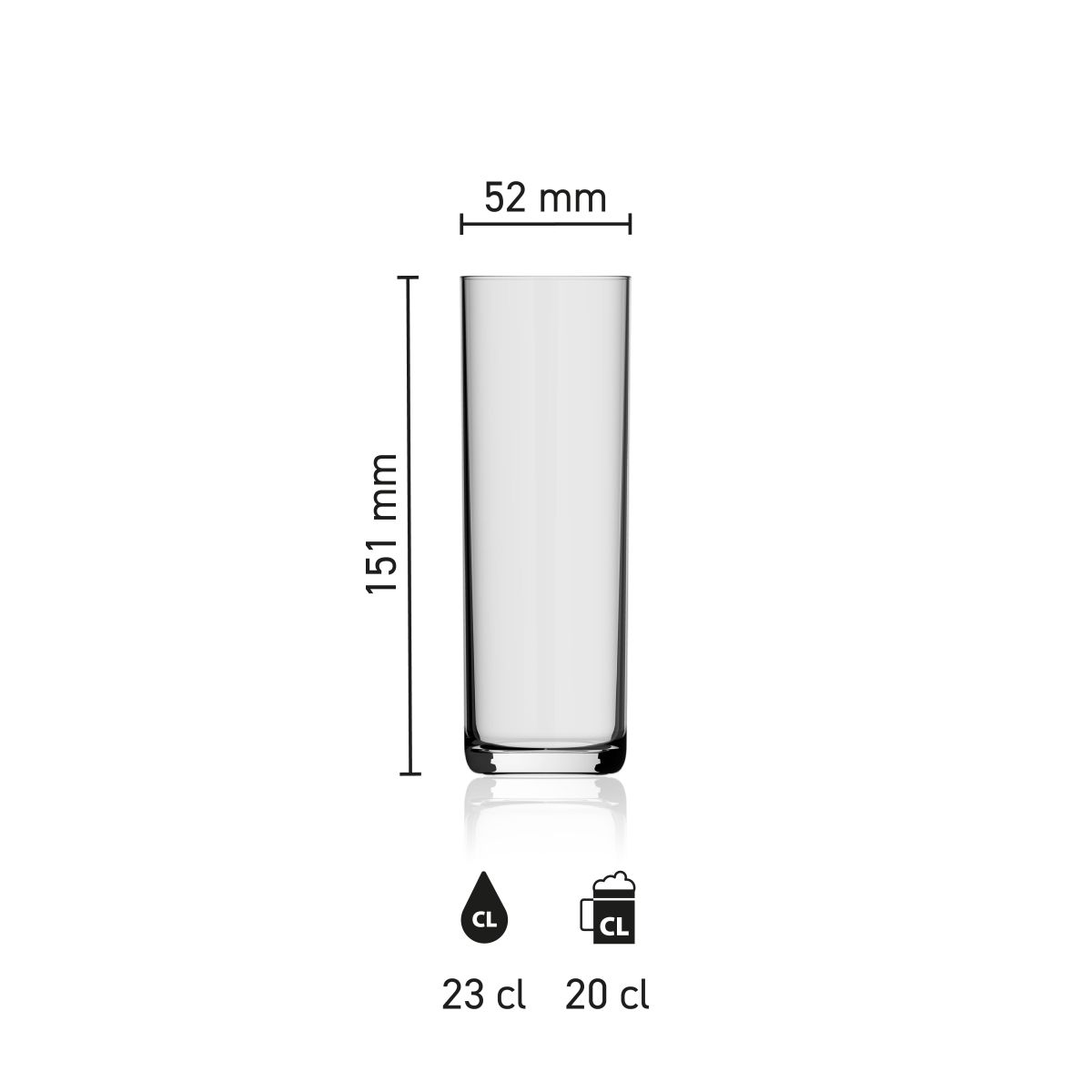 Bierglas Kölsch 23 cl. mit Höhe, Durchmesser und Fassungsvermögen in einer Infografik
