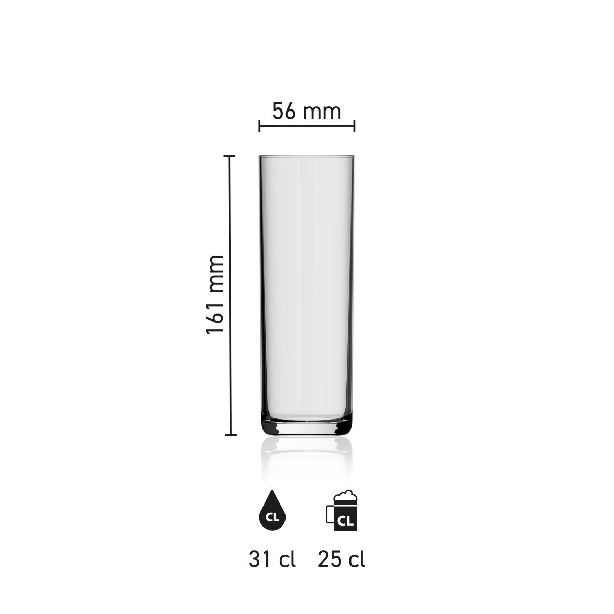 Maße des Bierglas Kölsch 31 cl. Höhe, Durchmesser und Fassungsvermögen in einer Infografik