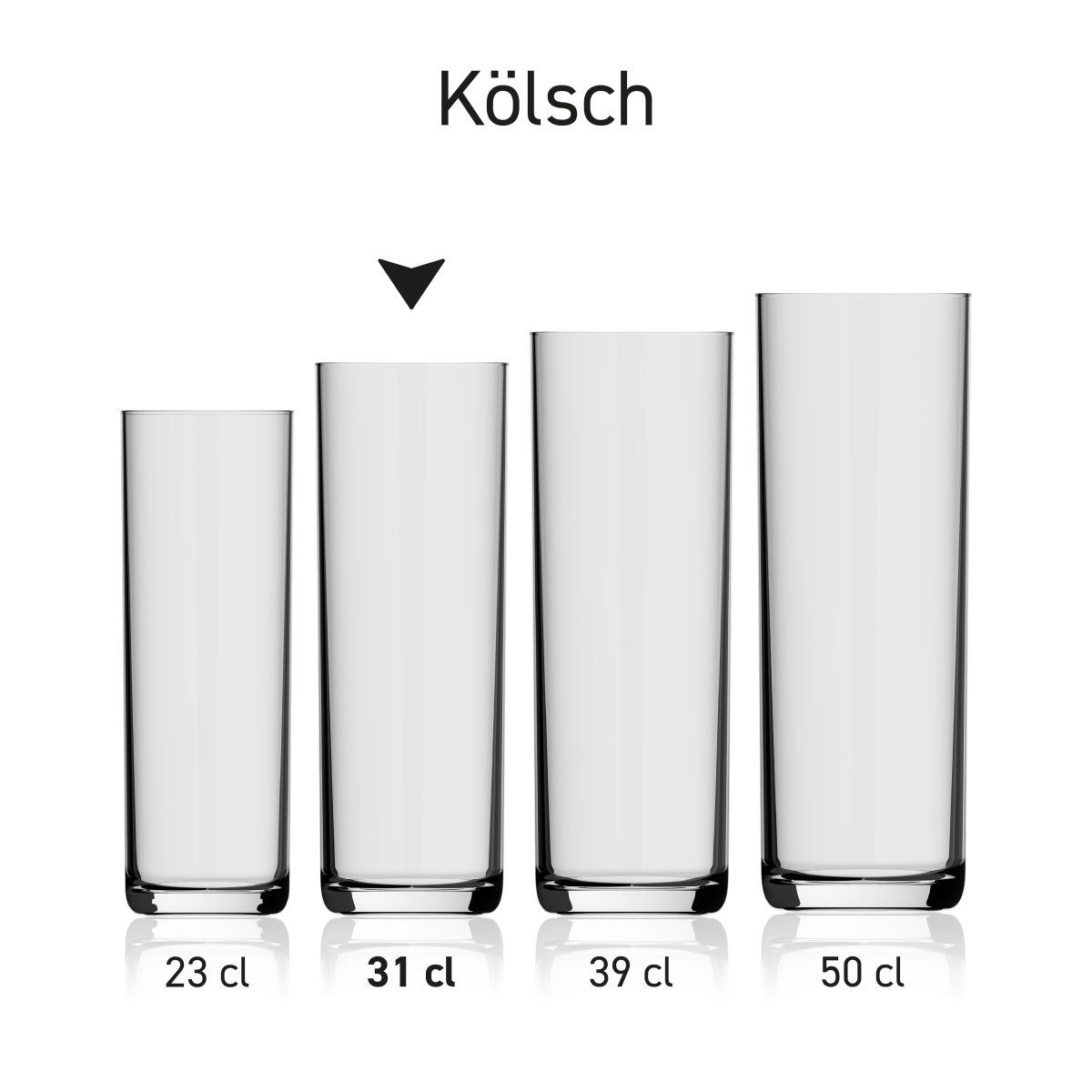 Bierglas Kölsch 31 cl. in einer Serie mit mehreren Exemplaren nebeneinander dargestellt