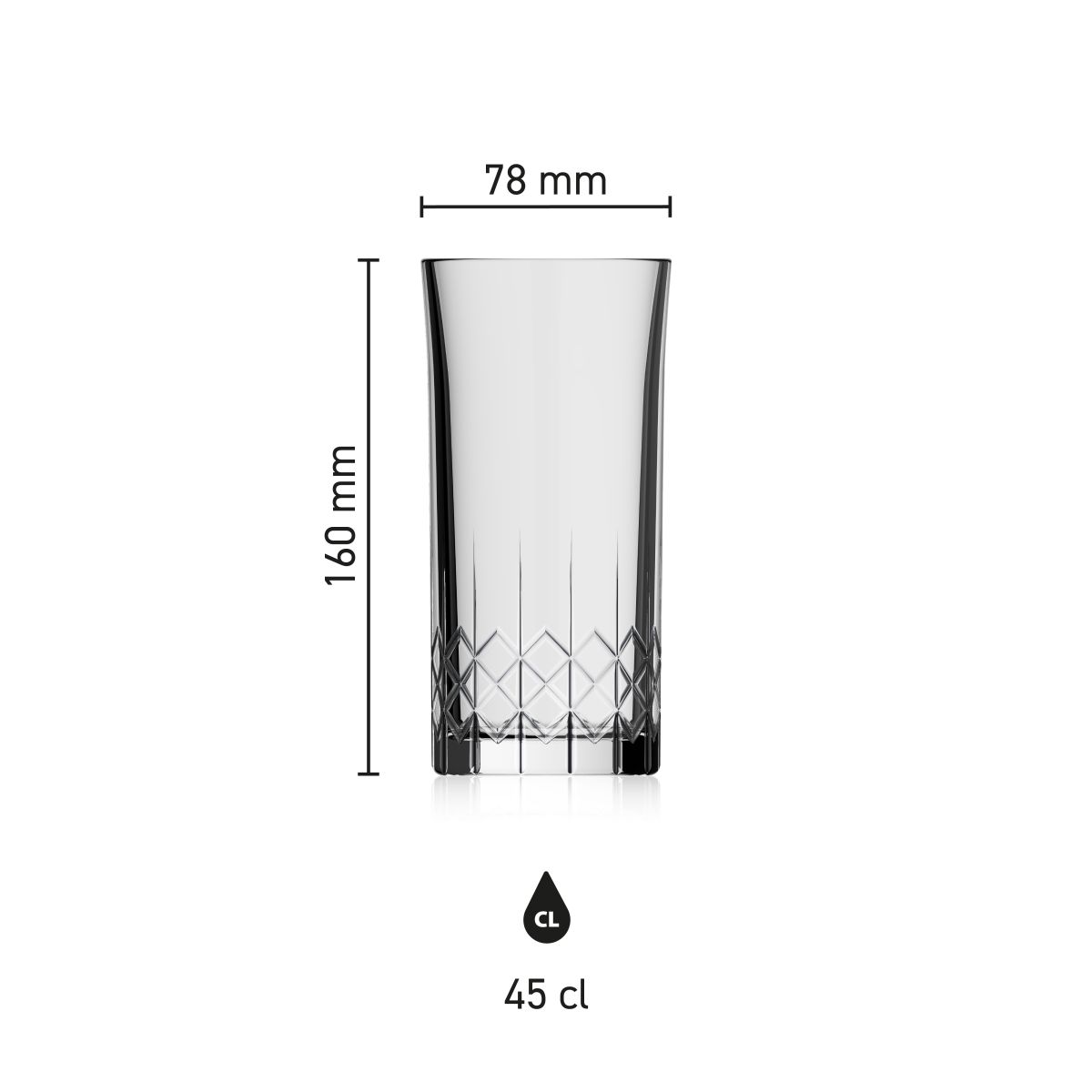 Maße des Bierglas Mao 45 cl. mit Höhe, Durchmesser und Fassungsvermögen in einer Infografik