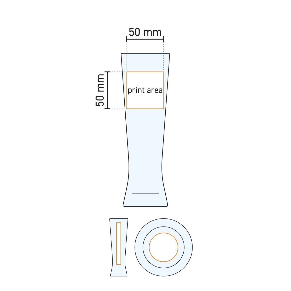 Arbeitszeichnung des Bierglases Monaco 30 cl Zapfmaß mit Angabe der Druckfläche für Logodruck oder Gravur