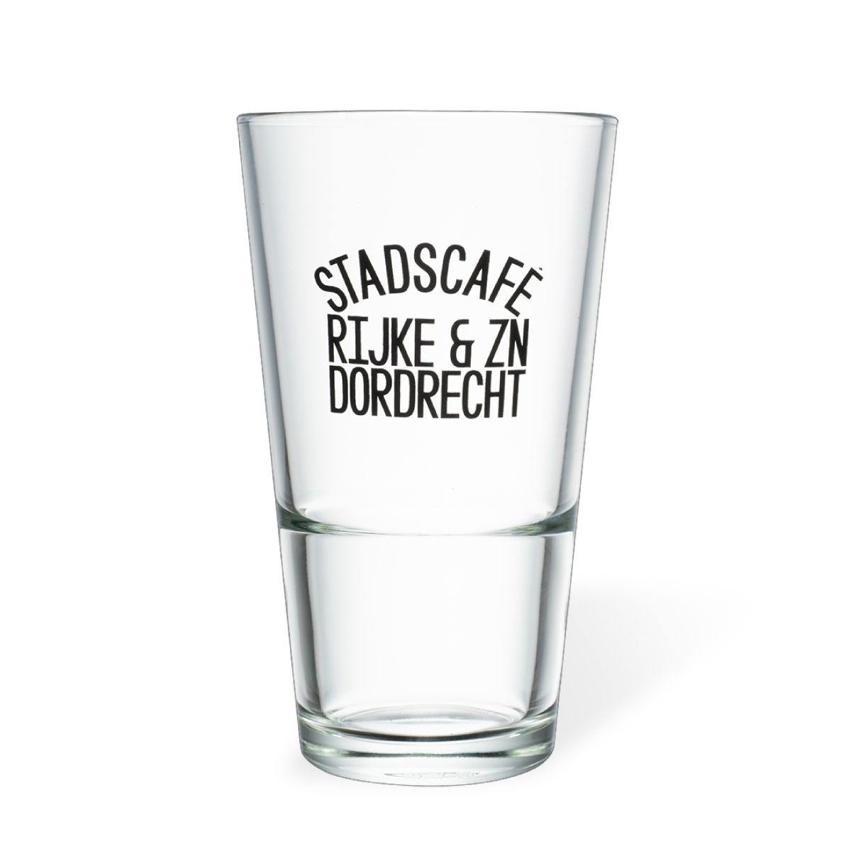 Transparentes Bierglas Vase Stack 34 cl Glas mit einfarbigem Logo von Stadscafé Rijke &amp; zn Dordrecht auf der Frontplatte
