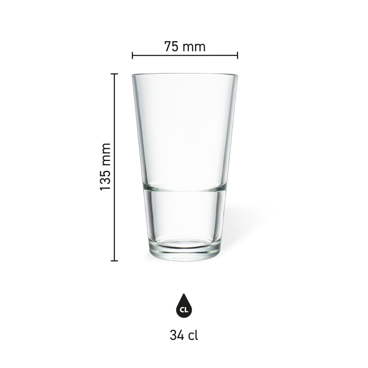 Infografik mit Abmessungen von Bierglas Stapelbar 34 cl. einschließlich Durchmesser und Höhe.