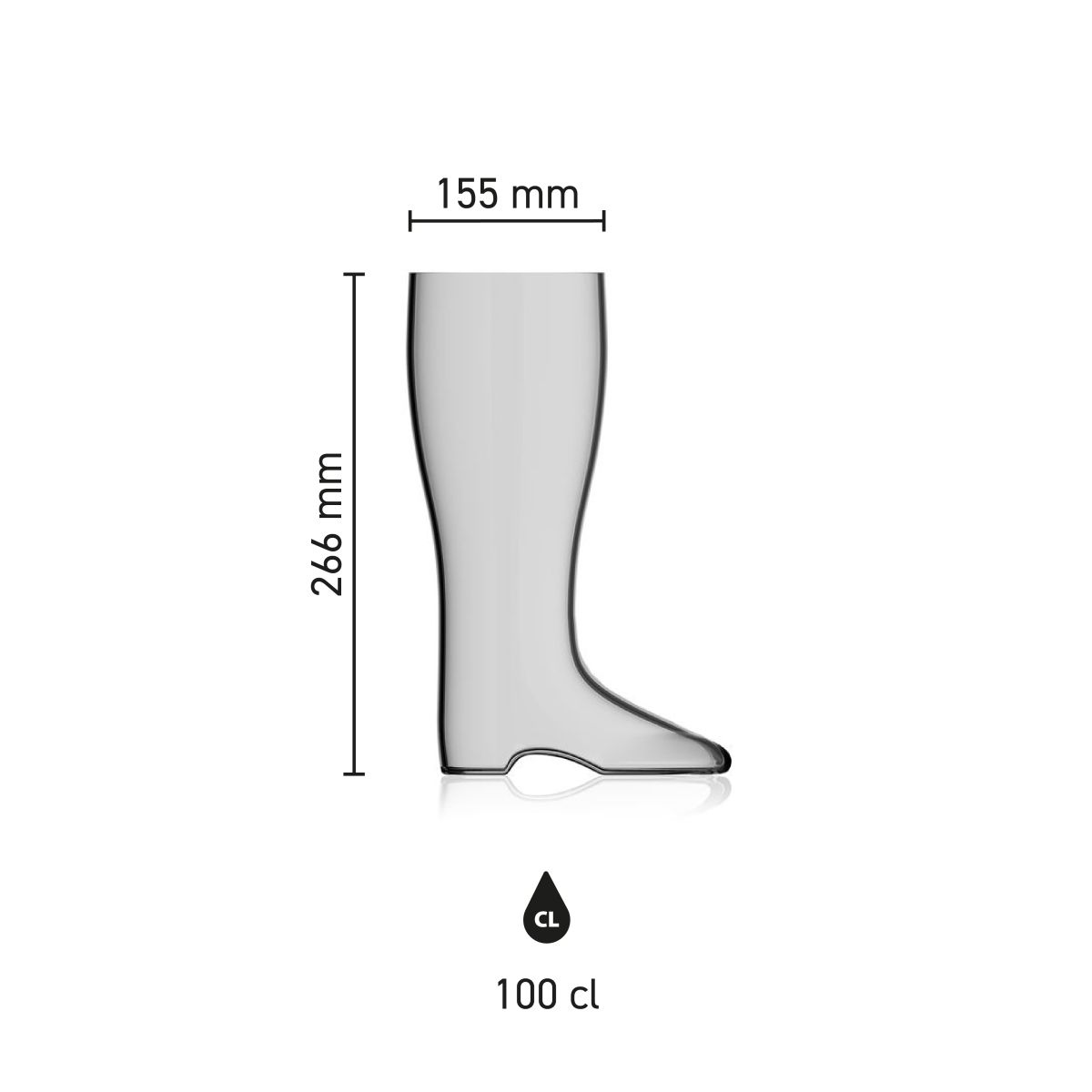Maße des Bierstiefel 1,0 Liter mit Höhe, Durchmesser und Fassungsvermögen in einer Infografik