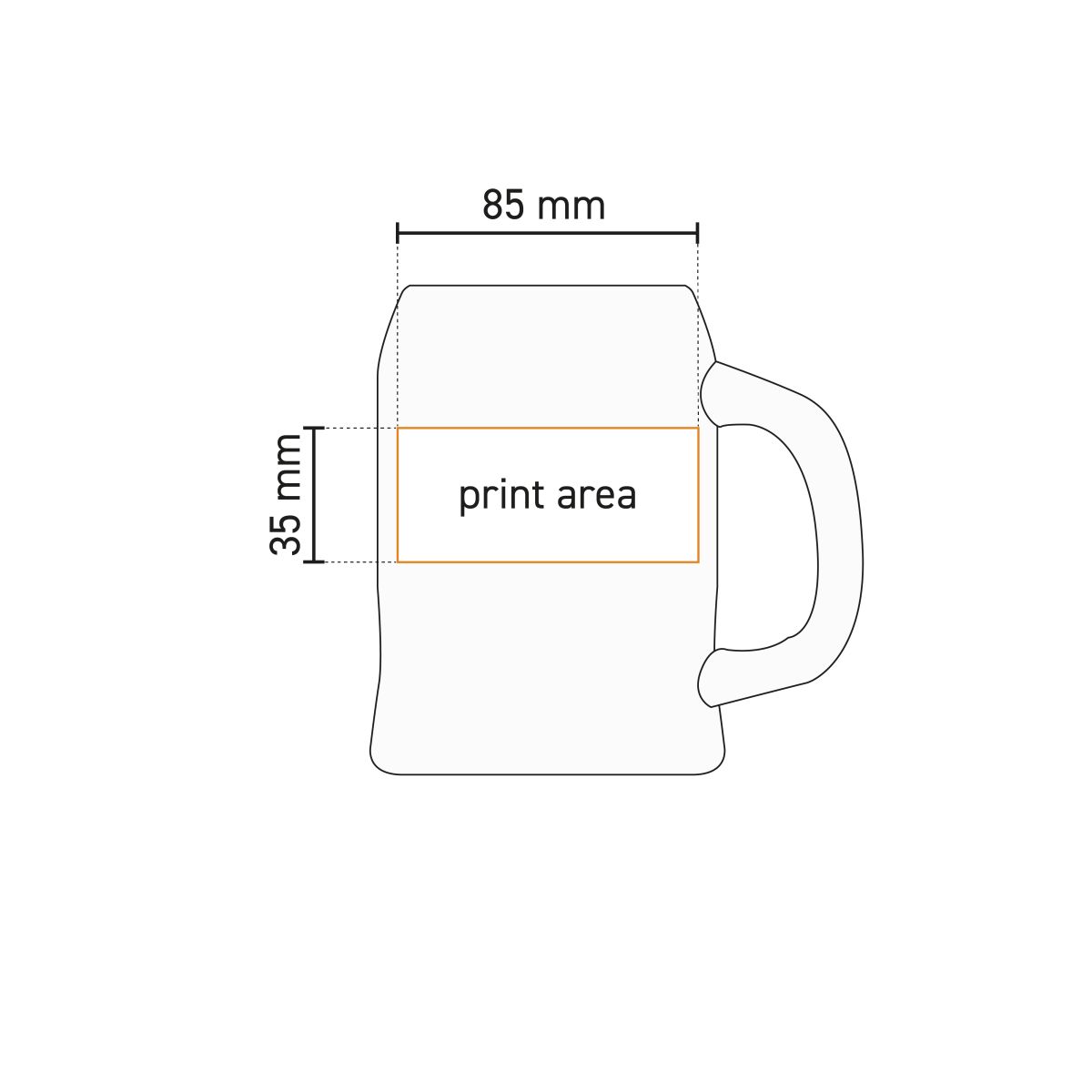 Technische Arbeitszeichnung, die den Druckbereich auf einem Porzellan-Bierkrug für den Logodruck zeigt.
