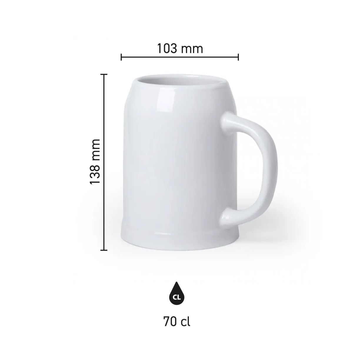 Die Infografik zeigt die Produktabmessungen des Bierkruges Hamburg 70 cl aus Porzellan.