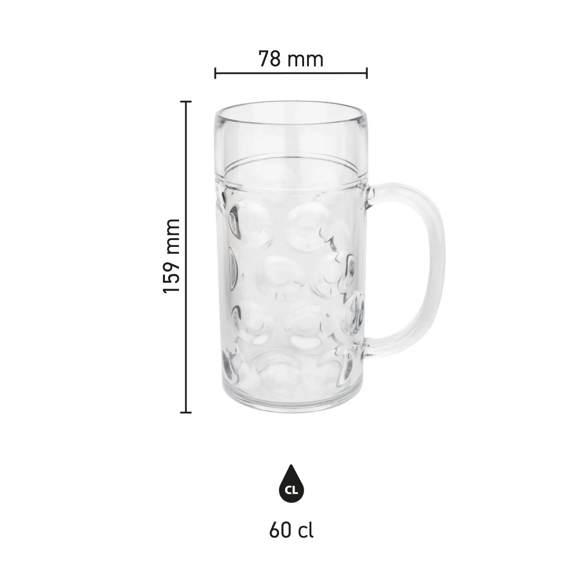 Infografik mit den Abmessungen des Bierkrug Oktober 60 cl. | Kunststoff einschließlich Höhe und Durchmesser.