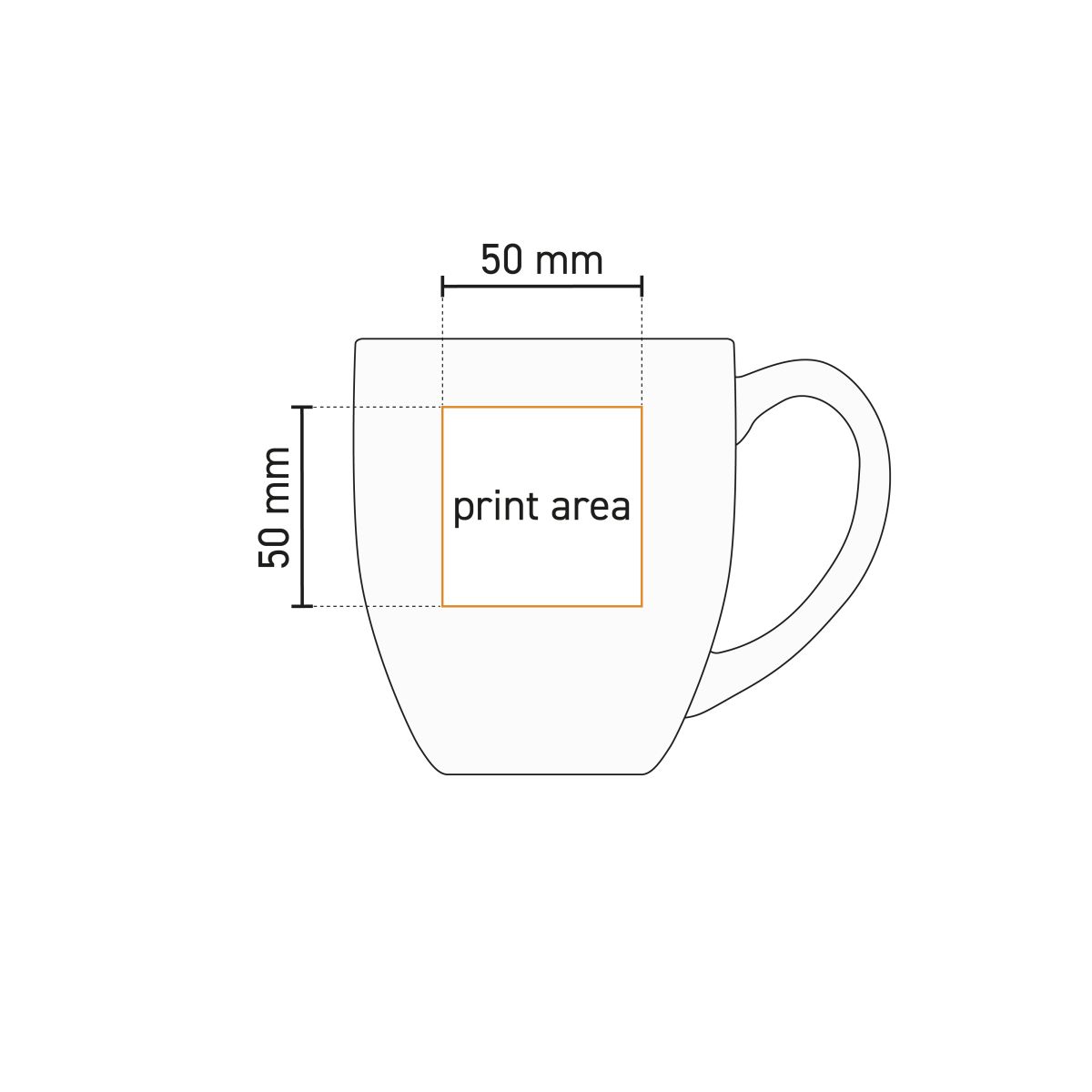 Technische Zeichnung von Big Drink Becher 45 cl. Porzellan mit markierter Druckfläche.
