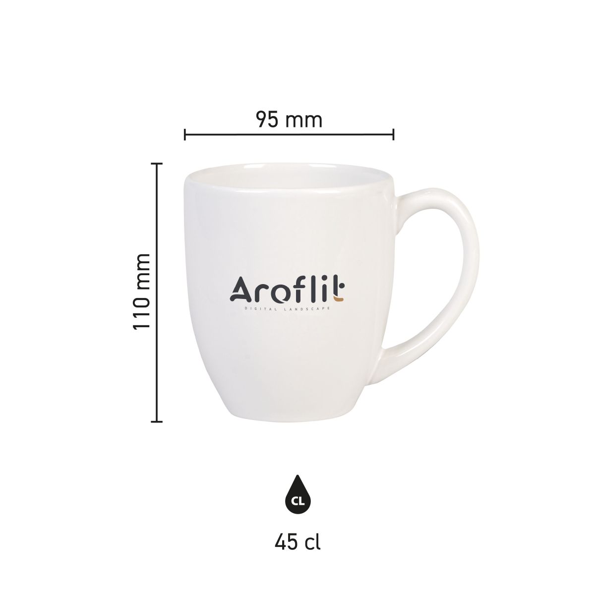 Infografik mit Produktabmessungen des Big Drink Bechers 45 cl aus Porzellan, mit Höhe und Durchmesser